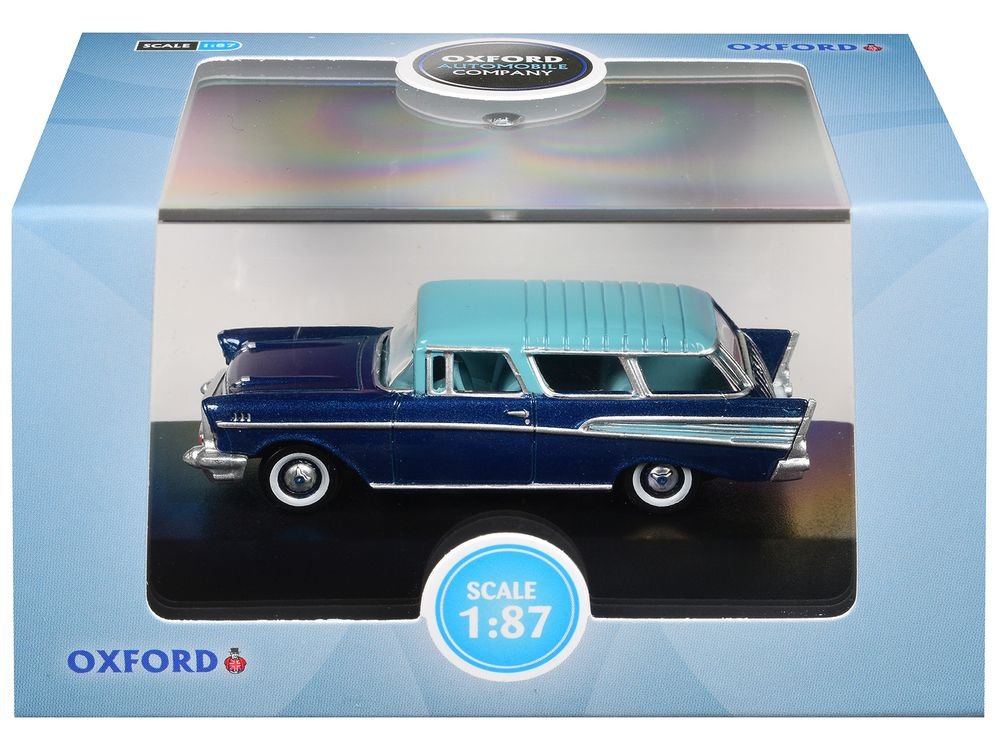 1957 Chevrolet Nomad Larkspur Blue with Harbor Blue Top 1/87 (HO) Scale Diecast Model Car by Oxford Diecast view 3