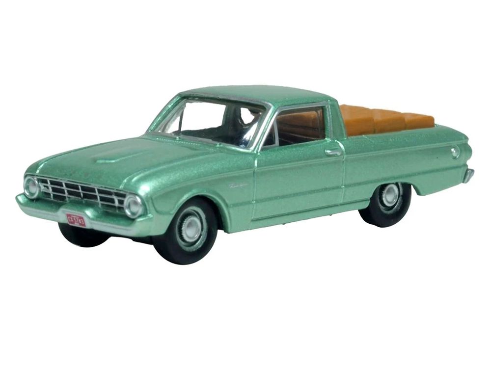 1960 Ford Falcon Ranchero Meadowvale Green Metallic with Load of Boxes 1/87 (HO) Scale Diecast Model Car by Oxford Diecast view 2