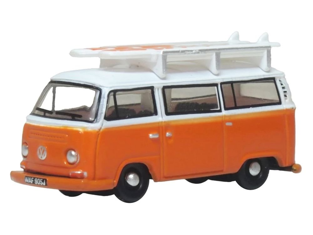 Volkswagen T2 Bay Window Bus Signal Orange with White Top and Surfboards on Roof Rack 1/148 (N) Scale Diecast Model Car by Oxford Diecast view 2