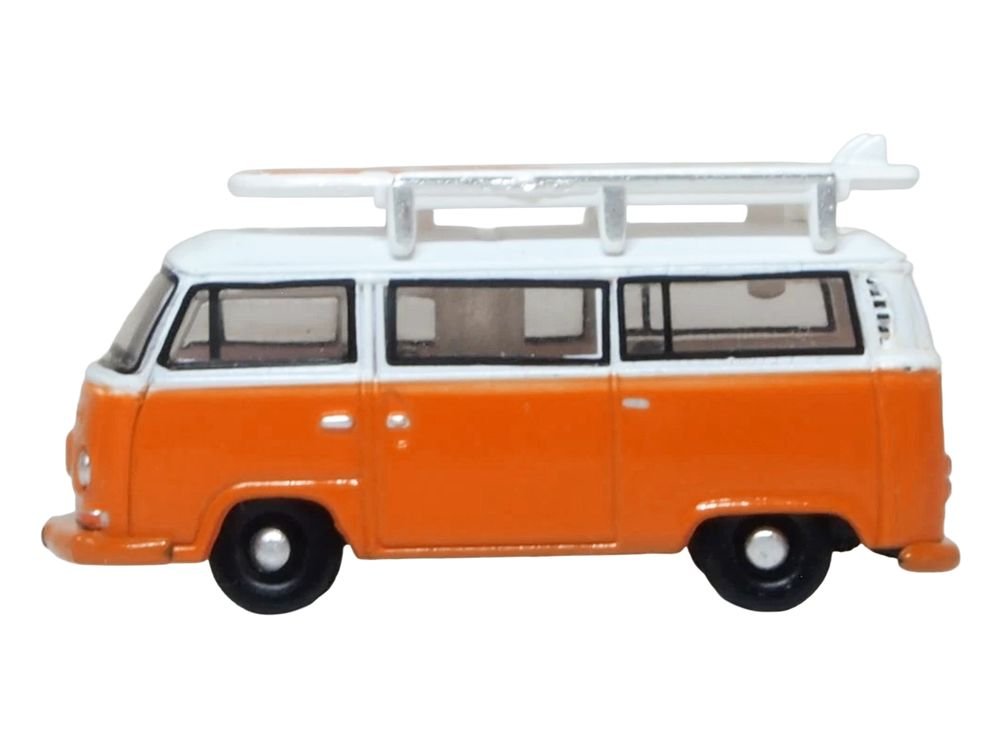 Volkswagen T2 Bay Window Bus Signal Orange with White Top and Surfboards on Roof Rack 1/148 (N) Scale Diecast Model Car by Oxford Diecast view 3