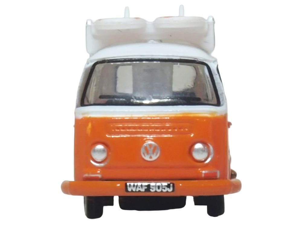 Volkswagen T2 Bay Window Bus Signal Orange with White Top and Surfboards on Roof Rack 1/148 (N) Scale Diecast Model Car by Oxford Diecast view 4