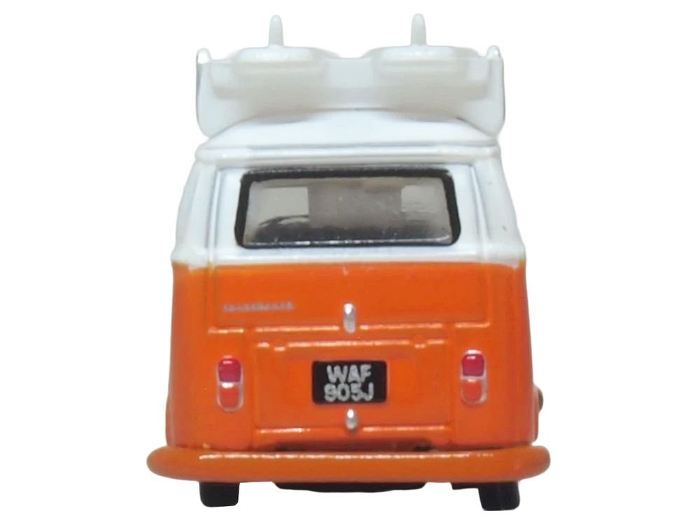 Volkswagen T2 Bay Window Bus Signal Orange with White Top and Surfboards on Roof Rack 1/148 (N) Scale Diecast Model Car by Oxford Diecast view 5