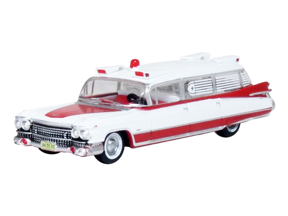 1959 Cadillac Miller-Meteor Ambulance Red and White 1/100 Scale Diecast Model Car by Oxford Diecast view 2