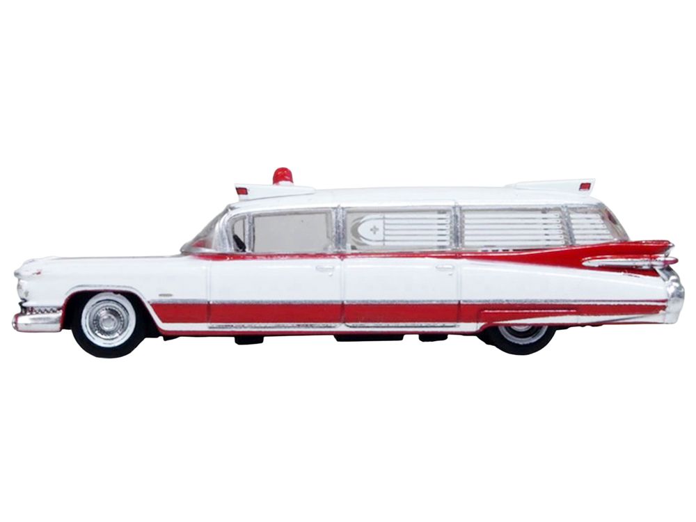 1959 Cadillac Miller-Meteor Ambulance Red and White 1/100 Scale Diecast Model Car by Oxford Diecast view 3