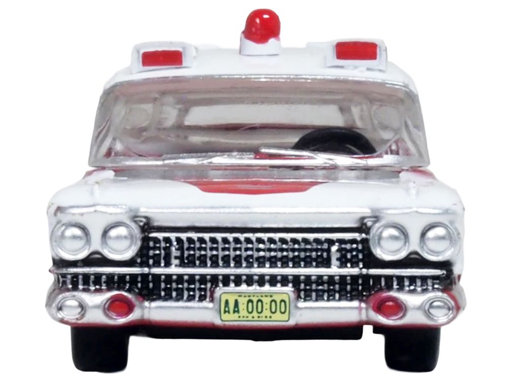 1959 Cadillac Miller-Meteor Ambulance Red and White 1/100 Scale Diecast Model Car by Oxford Diecast view 4