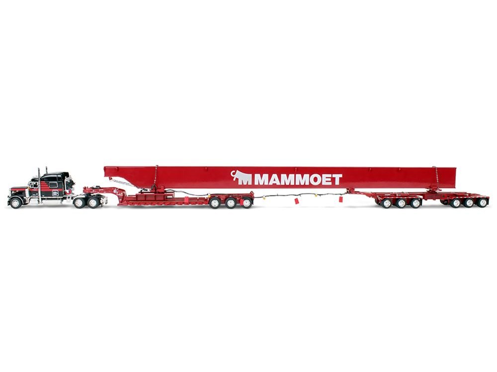 Peterbilt 379 with 70" Mid-Roof Sleeper and Fontaine Magnitude Lowboy with Bunk and ERMC 6-Axle Hydra Steer with Bridge Beam Section Load "Mammoet" Black with Red Stripes 1/64 Diecast Model by DCP/First Gear view 2