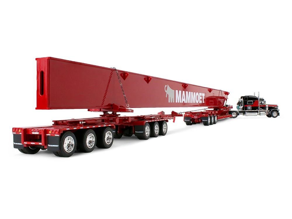Peterbilt 379 with 70" Mid-Roof Sleeper and Fontaine Magnitude Lowboy with Bunk and ERMC 6-Axle Hydra Steer with Bridge Beam Section Load "Mammoet" Black with Red Stripes 1/64 Diecast Model by DCP/First Gear view 3