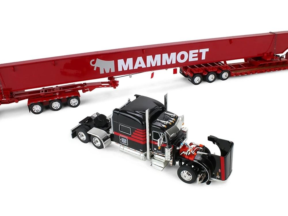 Peterbilt 379 with 70" Mid-Roof Sleeper and Fontaine Magnitude Lowboy with Bunk and ERMC 6-Axle Hydra Steer with Bridge Beam Section Load "Mammoet" Black with Red Stripes 1/64 Diecast Model by DCP/First Gear view 5
