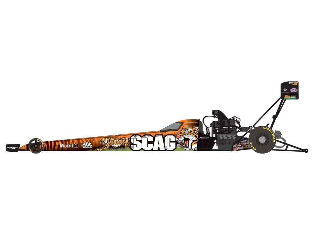 NHRA TFD (Top Fuel Dragster) #TF3 Justin Ashley "SCAG Power Equipment" Orange Tiger Livery (2026) 1/24 Diecast Model Car by Auto World view 3