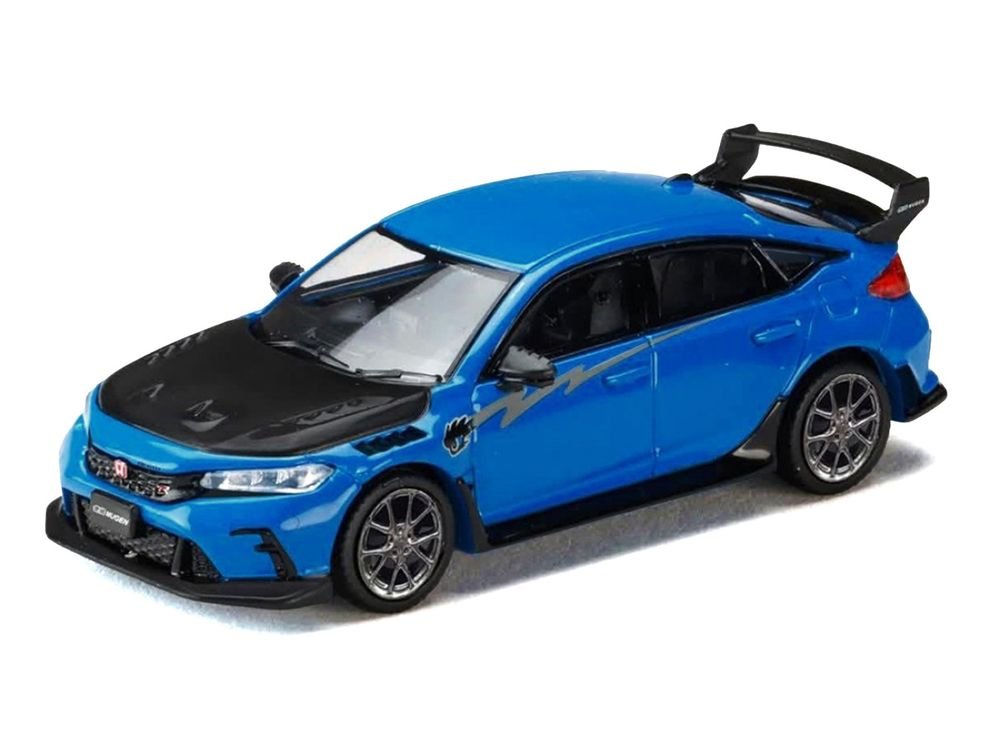 Honda Civic Type R (FL5) RHD (Right Hand Drive) Racing Blue Pearl with Carbon Hood "MUGEN Group B" (2025) "JDM64" Series 1/64 Diecast Model Car by Hobby Japan view 2