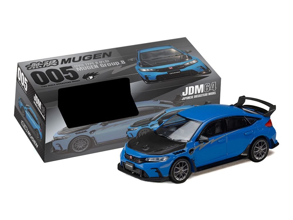 Honda Civic Type R (FL5) RHD (Right Hand Drive) Racing Blue Pearl with Carbon Hood "MUGEN Group B" (2025) "JDM64" Series 1/64 Diecast Model Car by Hobby Japan view 3