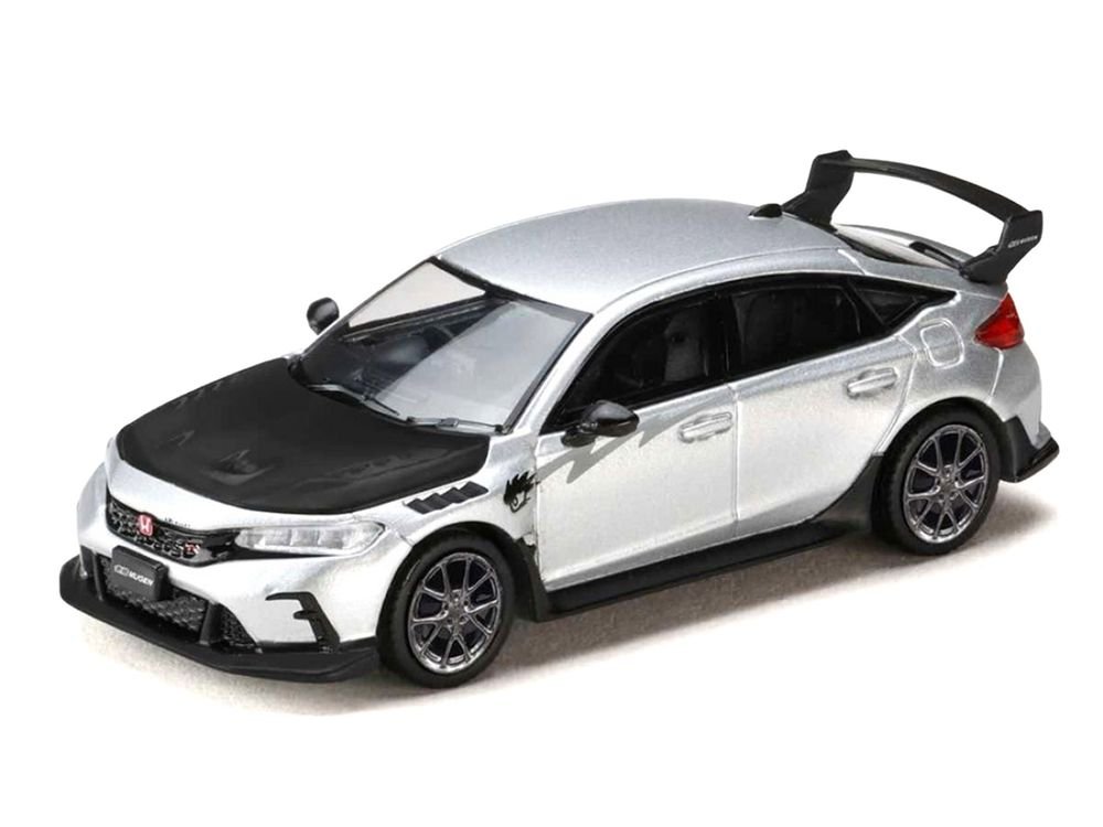 Honda Civic Type R (FL5) RHD (Right Hand Drive) Matt Silver Metallic with Carbon Hood "MUGEN Group B" (2025) "JDM64" Series 1/64 Diecast Model Car by Hobby Japan view 2