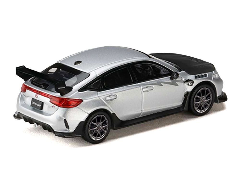 Honda Civic Type R (FL5) RHD (Right Hand Drive) Matt Silver Metallic with Carbon Hood "MUGEN Group B" (2025) "JDM64" Series 1/64 Diecast Model Car by Hobby Japan view 3