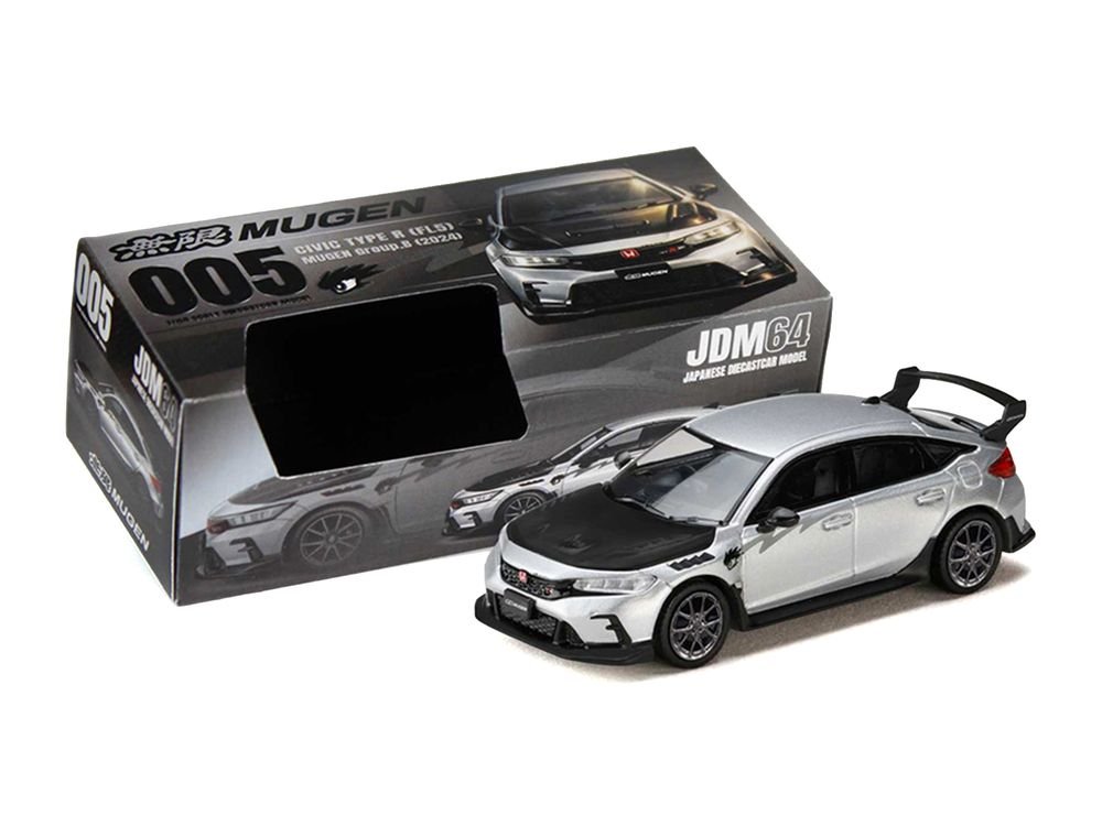 Honda Civic Type R (FL5) RHD (Right Hand Drive) Matt Silver Metallic with Carbon Hood "MUGEN Group B" (2025) "JDM64" Series 1/64 Diecast Model Car by Hobby Japan view 4