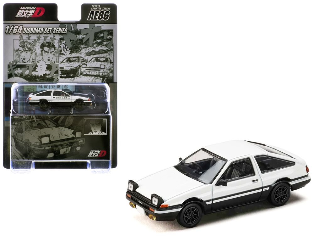 Toyota Sprinter Trueno (AE86) RHD (Right Hand Drive) White with Black Stripes "Takumi Fujiwara VS Takeshi Nakazato - Initial D" (1995-2013) Manga with Collectible Cards "Diorama Set Series" 1/64 Diecast Model Car by Hobby Japan