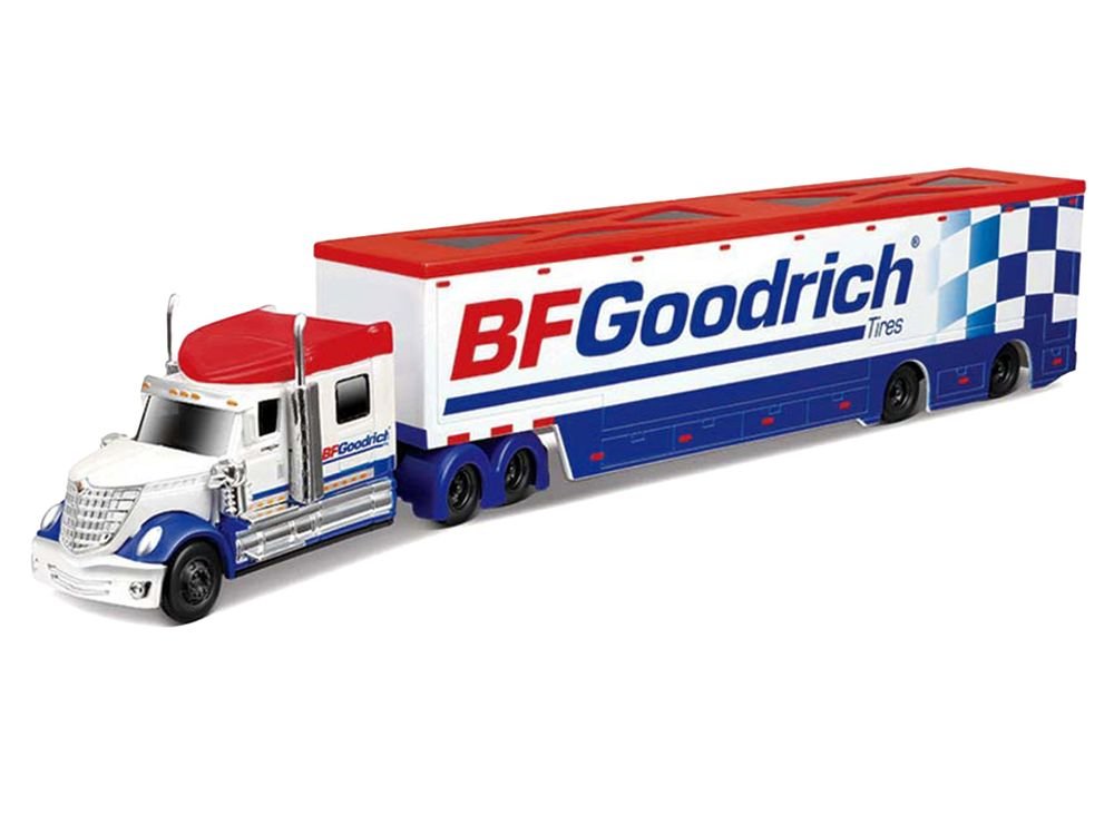 International LoneStar Enclosed Car Transporter "BF Goodrich" White with Blue Stripes and Red Top "Custom Haulers" Series 1/64 Diecast Model by Maisto view 2