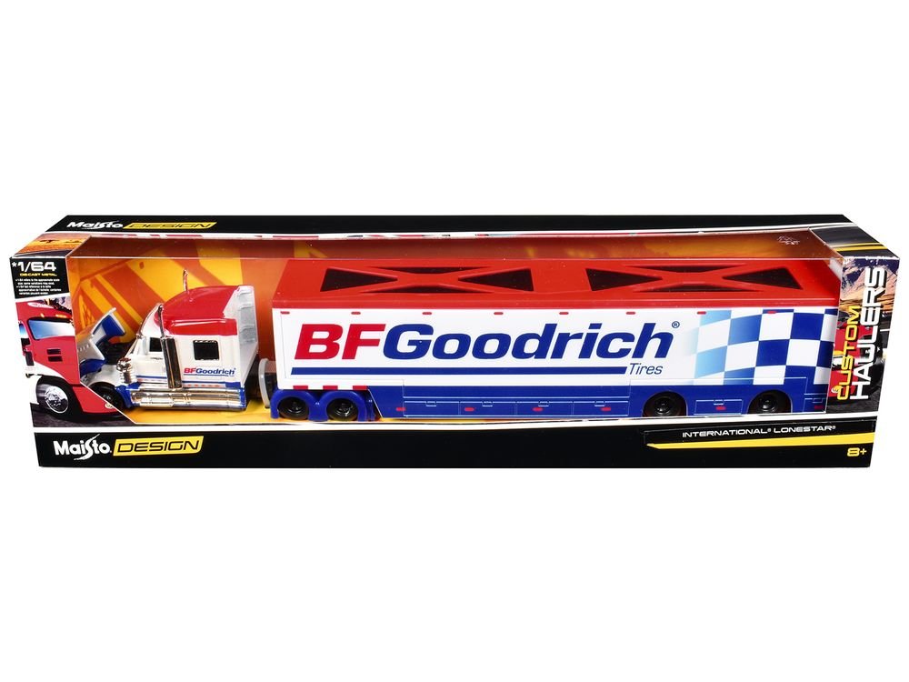 International LoneStar Enclosed Car Transporter "BF Goodrich" White with Blue Stripes and Red Top "Custom Haulers" Series 1/64 Diecast Model by Maisto view 3