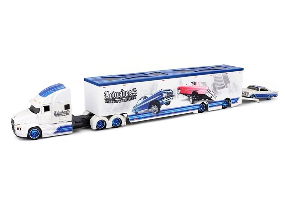 Mack Anthem Enclosed Car Transporter "Lowriders Car Club World Tour" White Metallic with Blue Top and 1959 Chevrolet Impala SS White Metallic with Blue Top and Graphics "Custom Haulers" Series 1/64 Diecast Model by Maisto view 2