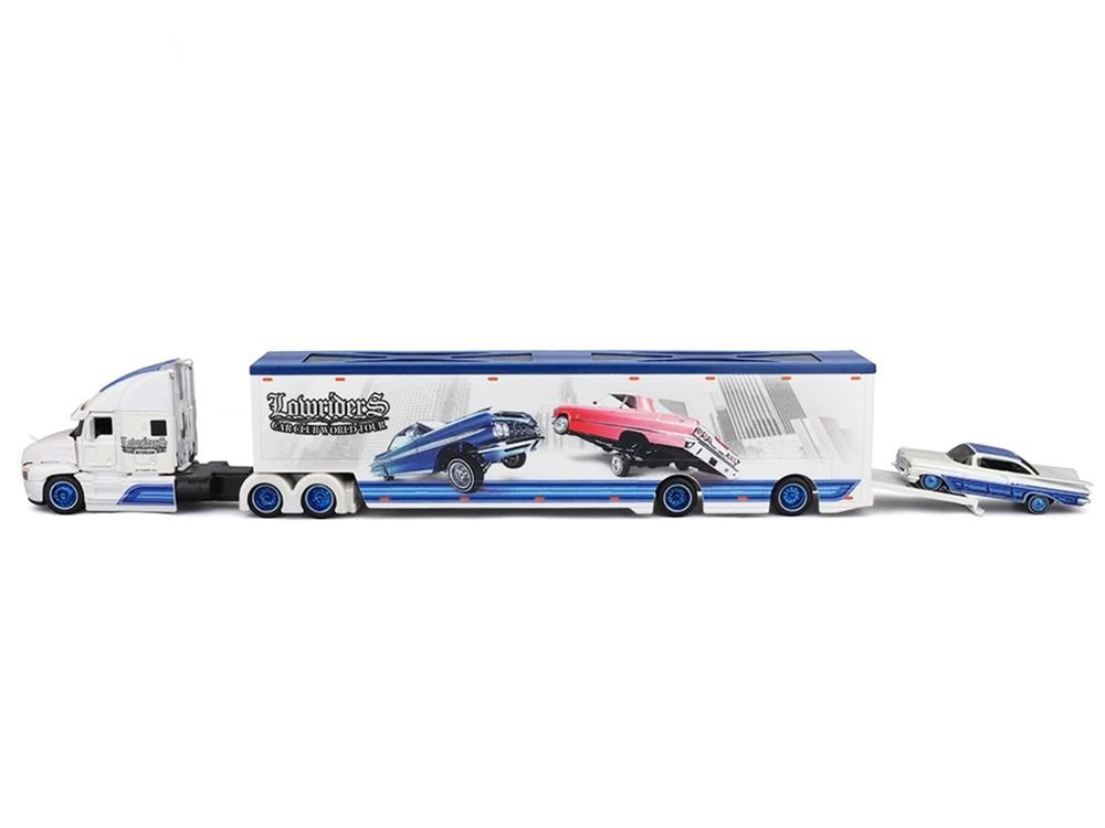 Mack Anthem Enclosed Car Transporter "Lowriders Car Club World Tour" White Metallic with Blue Top and 1959 Chevrolet Impala SS White Metallic with Blue Top and Graphics "Custom Haulers" Series 1/64 Diecast Model by Maisto view 3