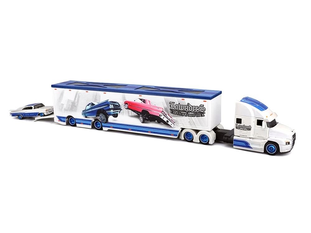 Mack Anthem Enclosed Car Transporter "Lowriders Car Club World Tour" White Metallic with Blue Top and 1959 Chevrolet Impala SS White Metallic with Blue Top and Graphics "Custom Haulers" Series 1/64 Diecast Model by Maisto view 4