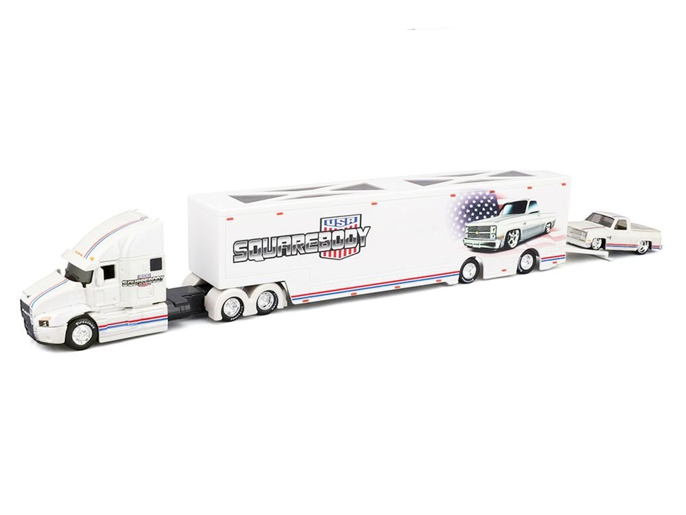 Mack Anthem Enclosed Car Transporter "Squarebody USA" White Metallic with Red and Blue Stripes and 1987 Chevrolet 1500 Pickup Truck White Metallic with Red and Blue Stripes "Custom Haulers" Series 1/64 Diecast Model by Maisto view 2