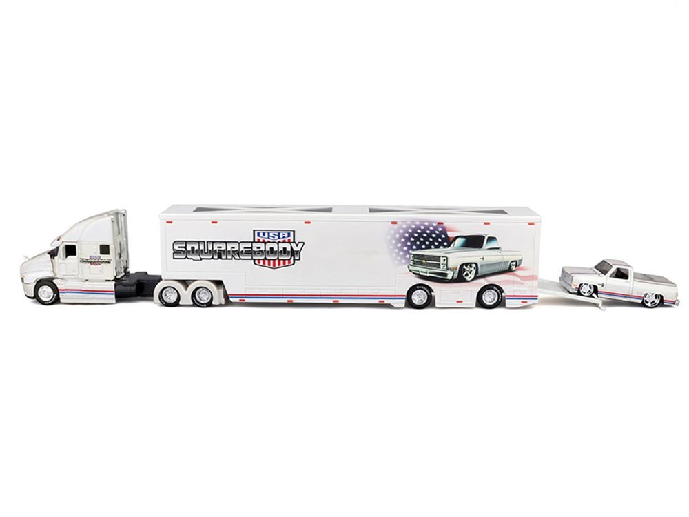 Mack Anthem Enclosed Car Transporter "Squarebody USA" White Metallic with Red and Blue Stripes and 1987 Chevrolet 1500 Pickup Truck White Metallic with Red and Blue Stripes "Custom Haulers" Series 1/64 Diecast Model by Maisto view 3