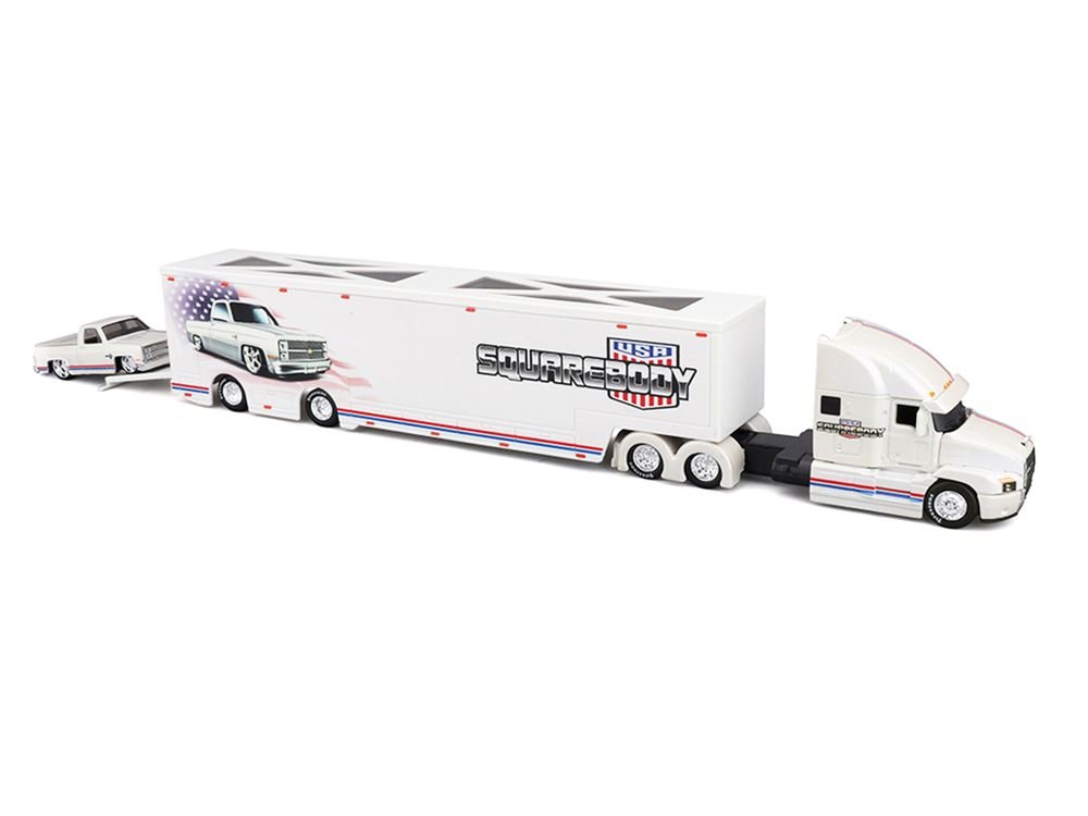 Mack Anthem Enclosed Car Transporter "Squarebody USA" White Metallic with Red and Blue Stripes and 1987 Chevrolet 1500 Pickup Truck White Metallic with Red and Blue Stripes "Custom Haulers" Series 1/64 Diecast Model by Maisto view 4