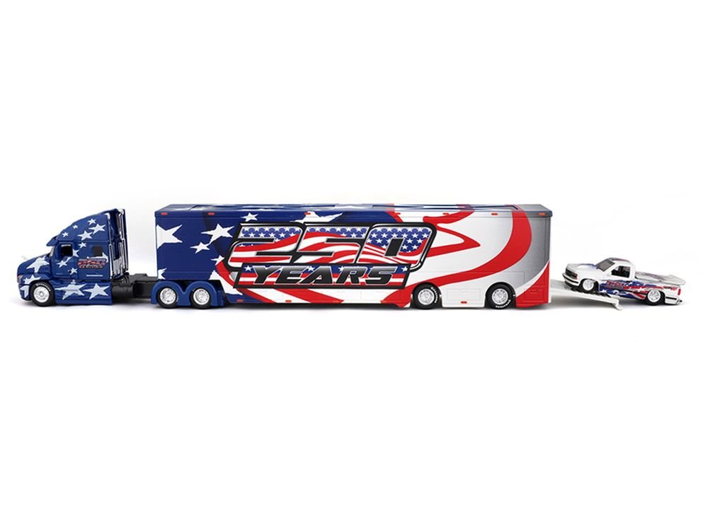 Mack Anthem Enclosed Car Transporter "USA 250 Years" Blue with Star Graphics and 1993 Chevrolet 454 SS Pickup Truck White Metallic with Graphics "Custom Haulers" Series 1/64 Diecast Model by Maisto view 3