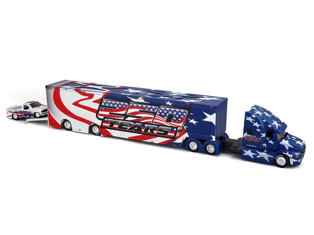Mack Anthem Enclosed Car Transporter "USA 250 Years" Blue with Star Graphics and 1993 Chevrolet 454 SS Pickup Truck White Metallic with Graphics "Custom Haulers" Series 1/64 Diecast Model by Maisto view 4