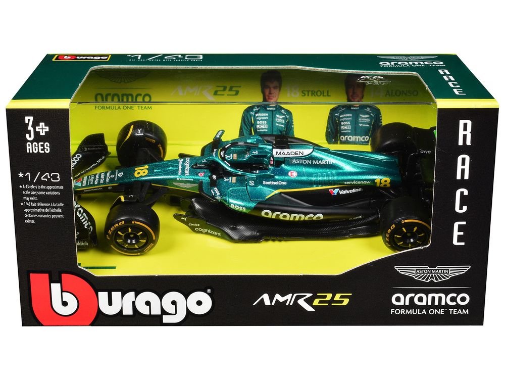 Aston Martin AMR25 #18 Lance Stroll "Aramco" Formula One F1 World Championship (2025) "Race" Series 1/43 Diecast Model Car by Bburago view 3