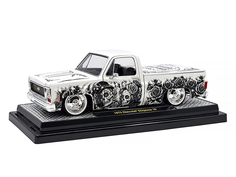 1973 Chevrolet Cheyenne 10 Pickup Truck "Dia de los Muertos" White with Graphics Limited Edition to 2500 pieces Worldwide 1/24 Diecast Model Car by M2 Machines view 2