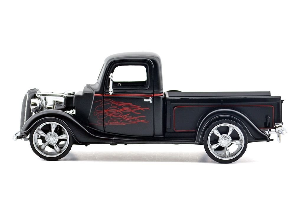1937 Ford Pickup Truck Matt Black with Red Flame Graphics "Kult Klassics" Series 1/24 Diecast Model Car by Motormax view 2