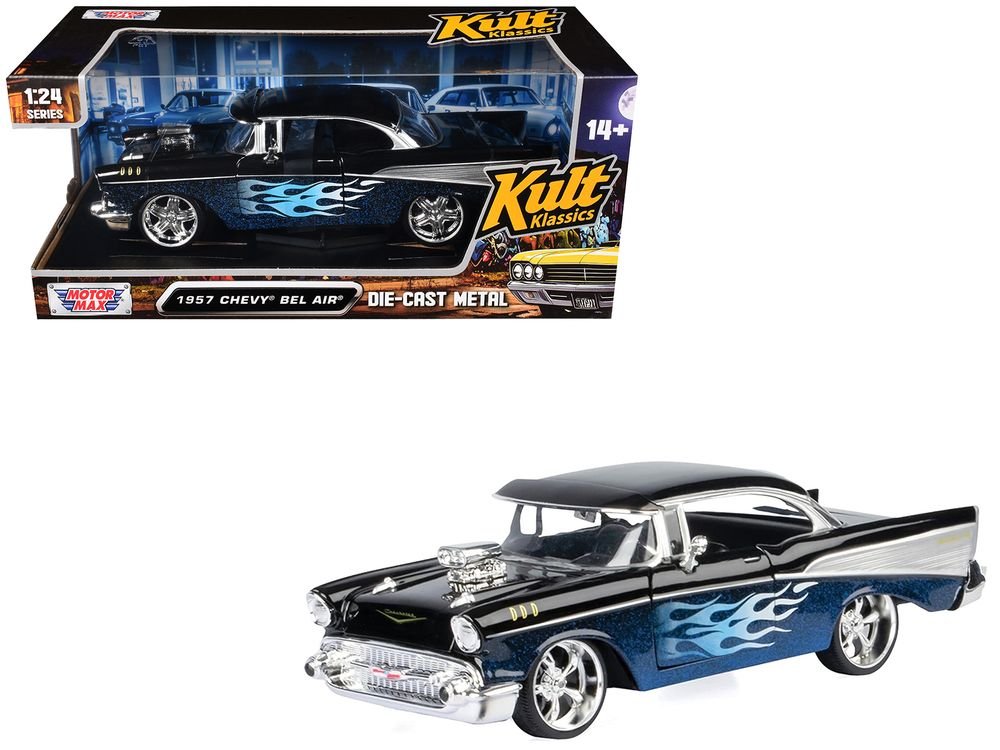1957 Chevrolet Bel Air Black with Blue Flame Graphics "Kult Klassics" Series 1/24 Diecast Model Car by Motormax