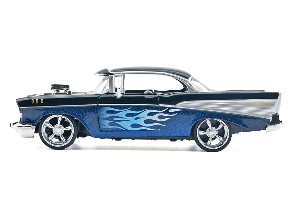 1957 Chevrolet Bel Air Black with Blue Flame Graphics "Kult Klassics" Series 1/24 Diecast Model Car by Motormax view 2