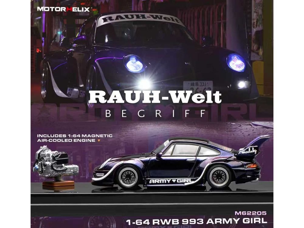 RWB 993 "Army Girl" Blue Metallic with White Accents and Display Engin 1/64 Diecast Model Car by MotorHelix view 3