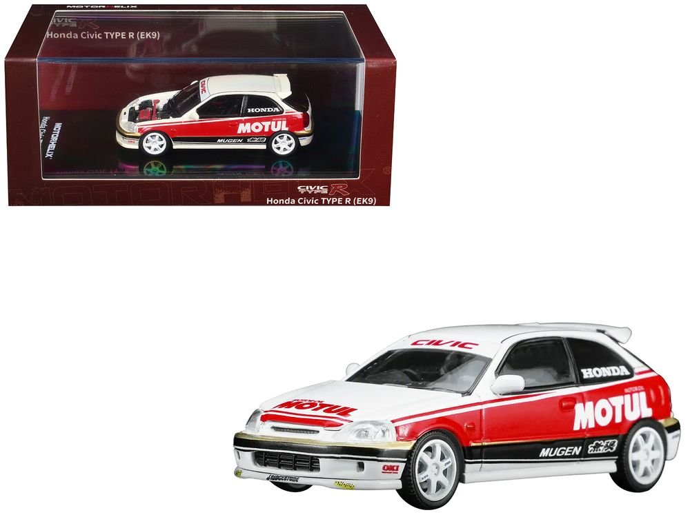 Honda Civic Type R (EK9) RHD (Right Hand Drive) "Motul" White with Black and Red Stripes 1/64 Diecast Model Car by MotorHelix