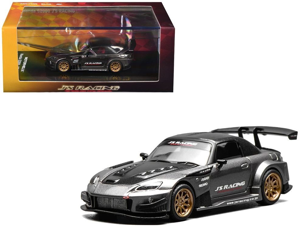 Honda S2000 RHD (Right Hand Drive) "J's Racing" Moon Rock Gray Metallic with Carbon Hood and Top 1/64 Diecast Model Car by MotorHelix
