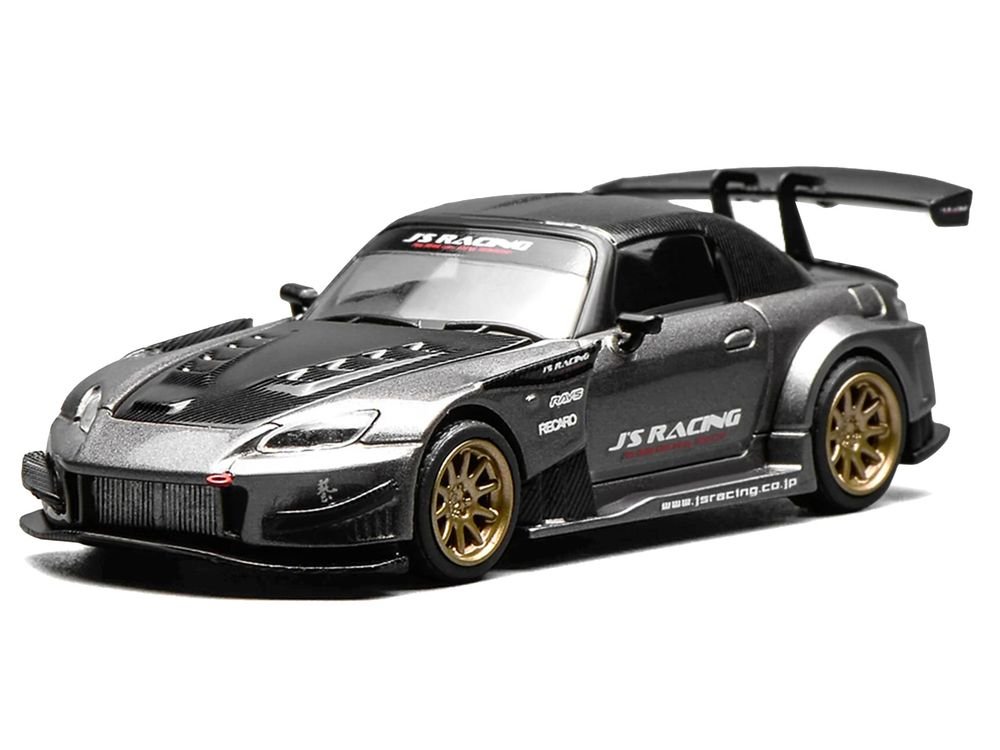 Honda S2000 RHD (Right Hand Drive) "J's Racing" Moon Rock Gray Metallic with Carbon Hood and Top 1/64 Diecast Model Car by MotorHelix view 2