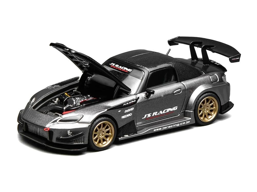 Honda S2000 RHD (Right Hand Drive) "J's Racing" Moon Rock Gray Metallic with Carbon Hood and Top 1/64 Diecast Model Car by MotorHelix view 3