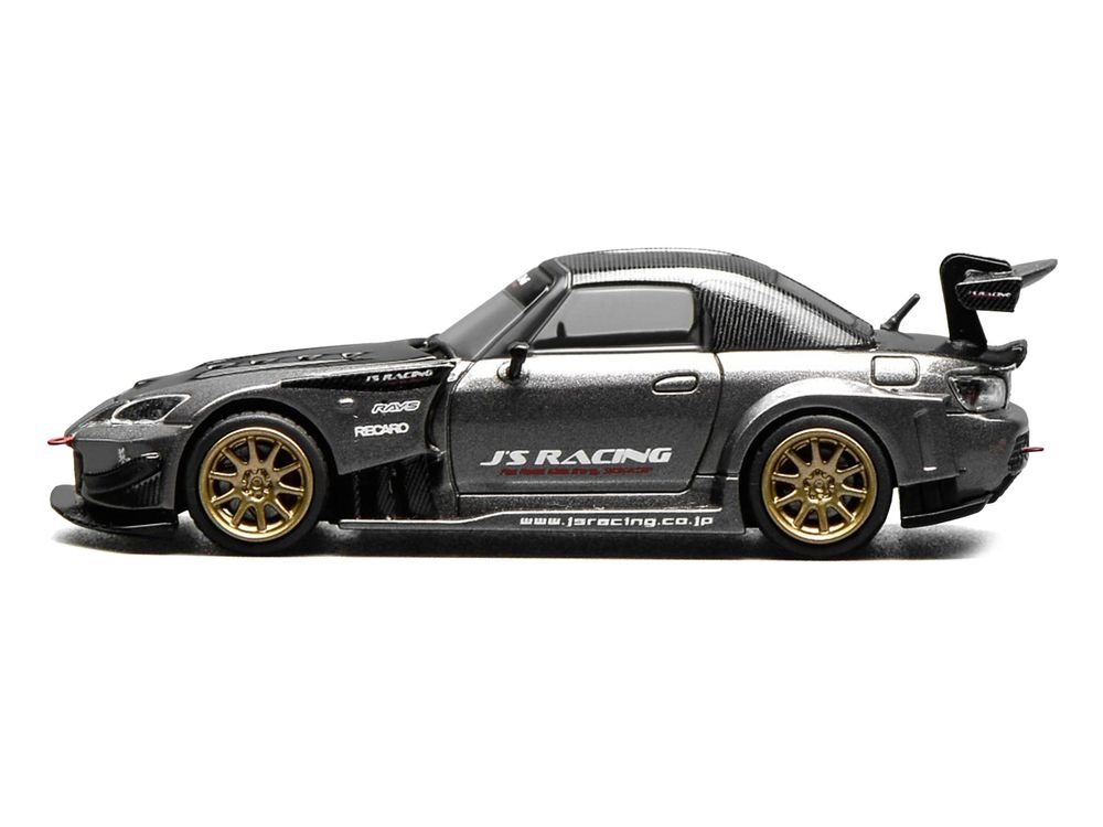Honda S2000 RHD (Right Hand Drive) "J's Racing" Moon Rock Gray Metallic with Carbon Hood and Top 1/64 Diecast Model Car by MotorHelix view 4