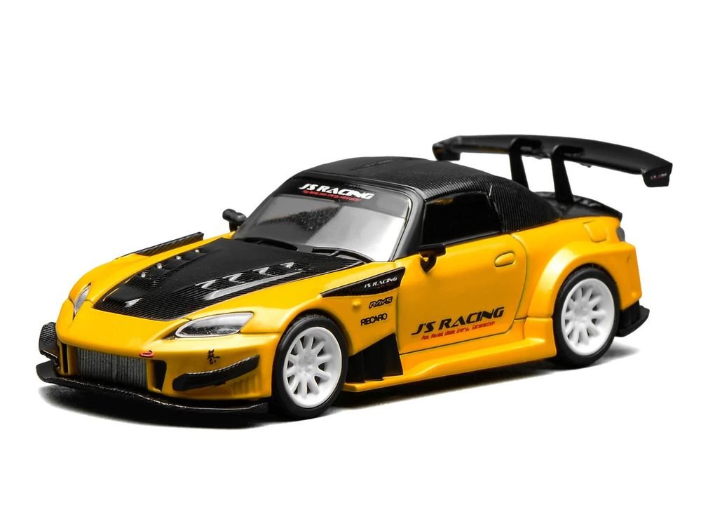 Honda S2000 RHD (Right Hand Drive) "J's Racing" New Indy Yellow Pearl with Carbon Hood and Top 1/64 Diecast Model Car by MotorHelix view 2