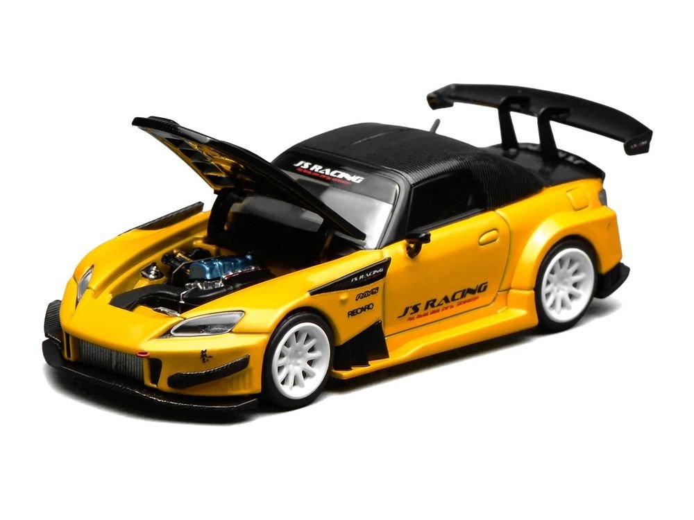 Honda S2000 RHD (Right Hand Drive) "J's Racing" New Indy Yellow Pearl with Carbon Hood and Top 1/64 Diecast Model Car by MotorHelix view 3