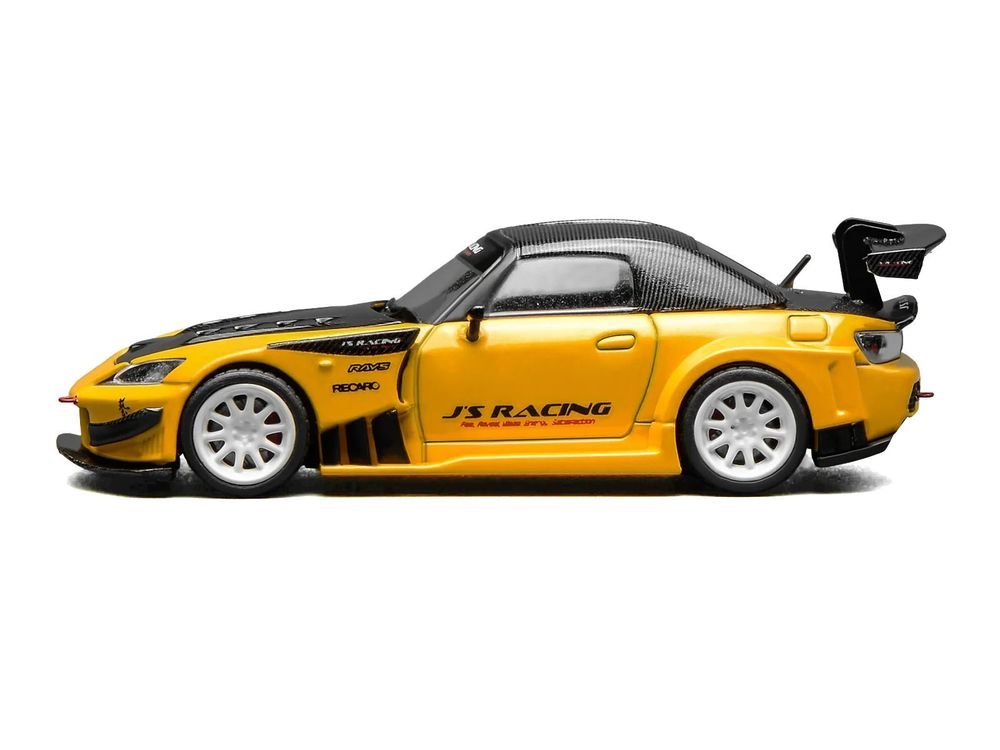 Honda S2000 RHD (Right Hand Drive) "J's Racing" New Indy Yellow Pearl with Carbon Hood and Top 1/64 Diecast Model Car by MotorHelix view 4