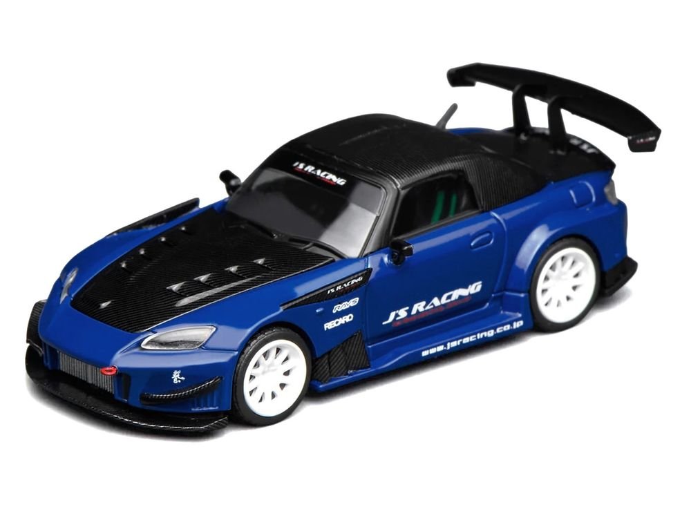 Honda S2000 RHD (Right Hand Drive) "J's Racing" Apex Blue Pearl with Carbon Hood and Top 1/64 Diecast Model Car by MotorHelix view 2