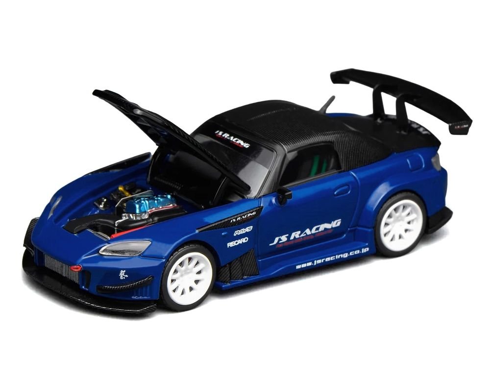 Honda S2000 RHD (Right Hand Drive) "J's Racing" Apex Blue Pearl with Carbon Hood and Top 1/64 Diecast Model Car by MotorHelix view 3