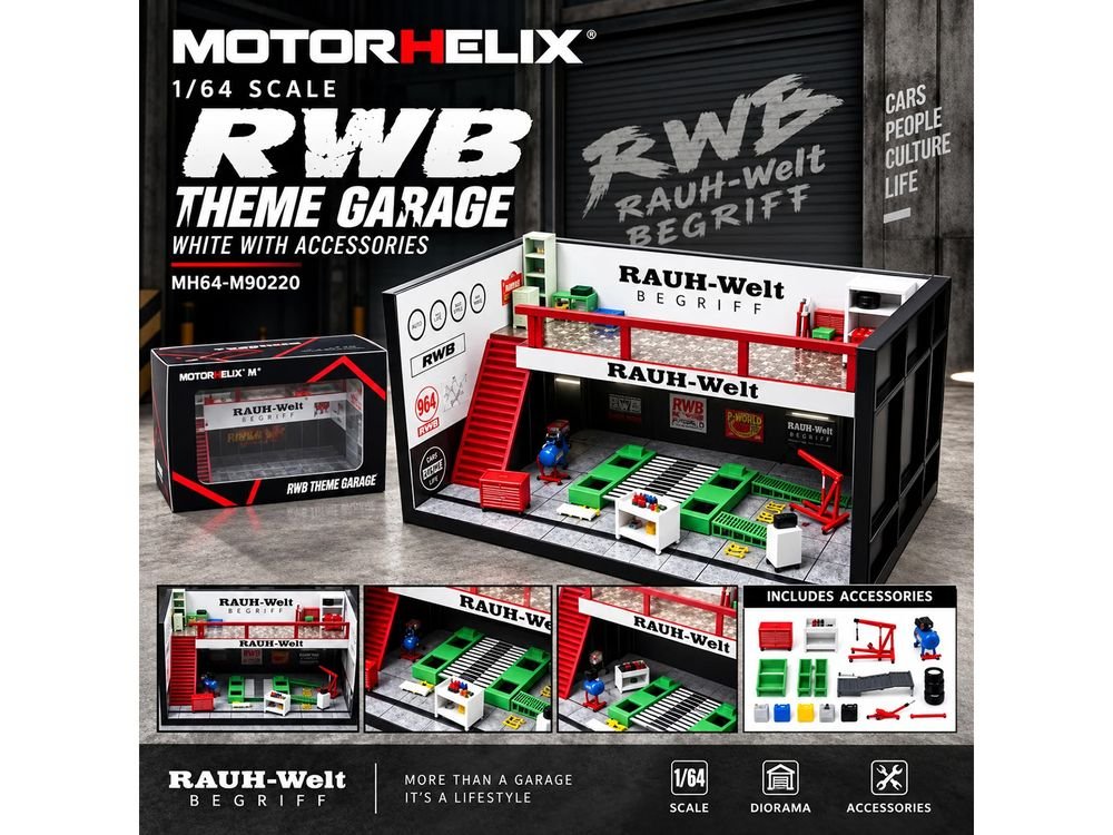 "RWB" Garage Diorama White with Accessories 1/64 Model by MotorHelix view 5
