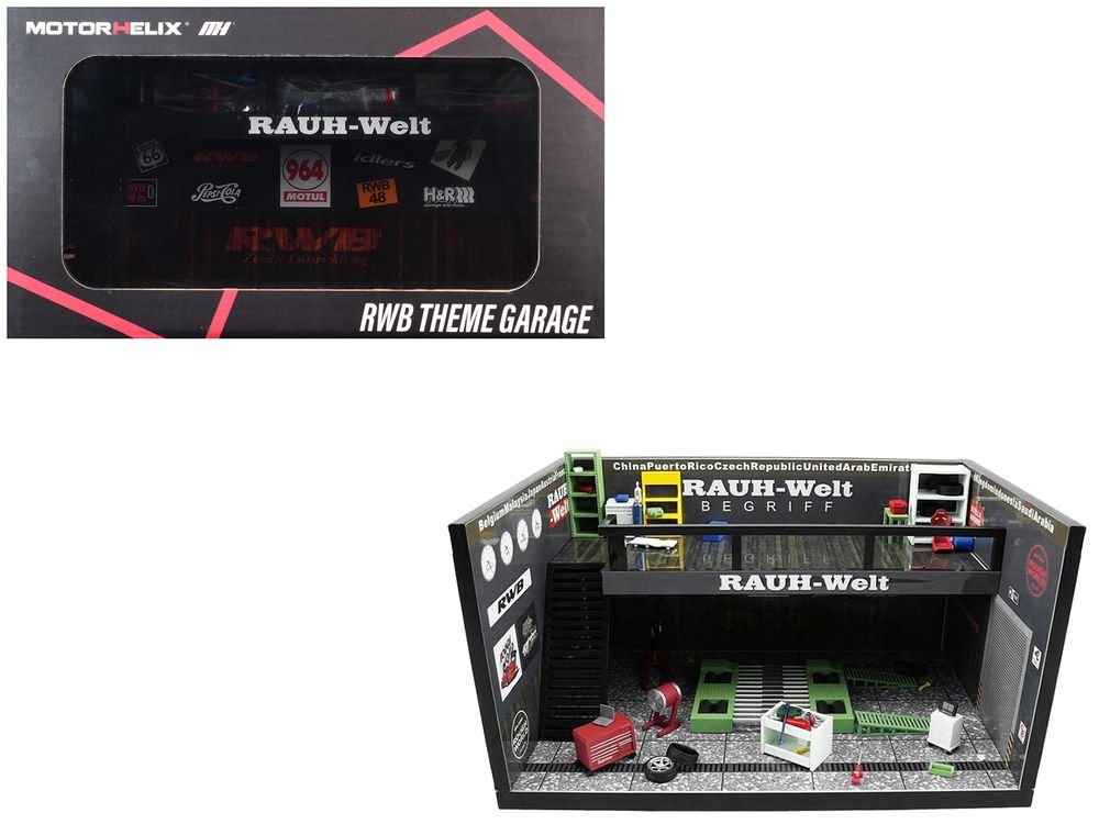 "RWB" Garage Diorama Black with Accessories 1/64 Model by MotorHelix
