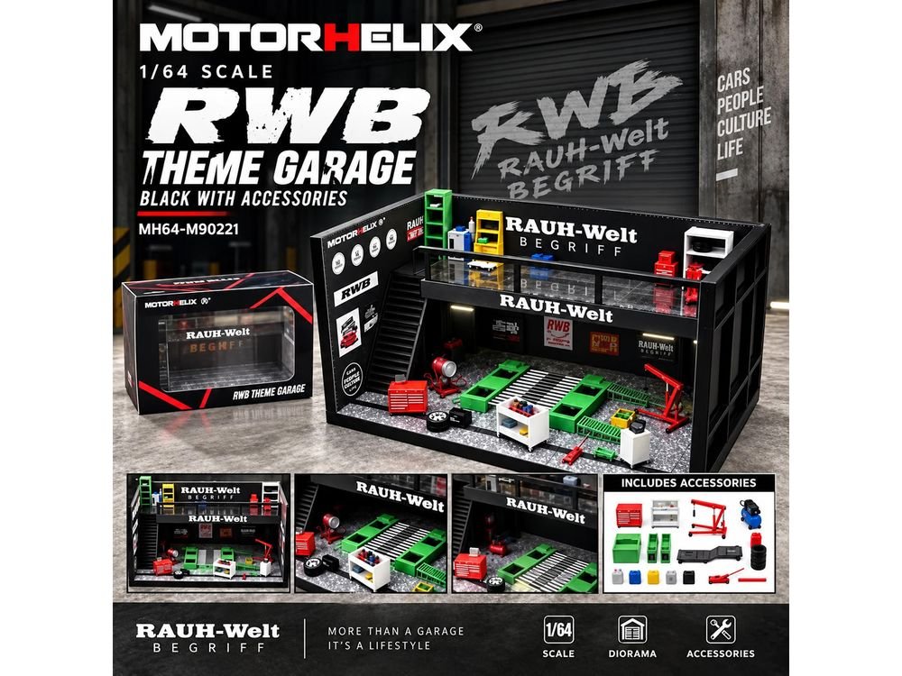 "RWB" Garage Diorama Black with Accessories 1/64 Model by MotorHelix view 5