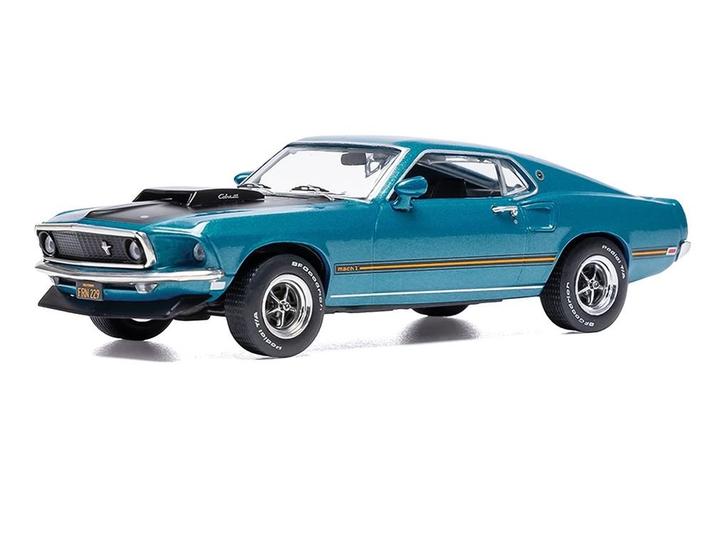 1969 Ford Mustang Mach 1 Blue Metallic with Matt Black Hood and Yellow Stripes 1/43 Diecast Model Car by IXO Models view 2