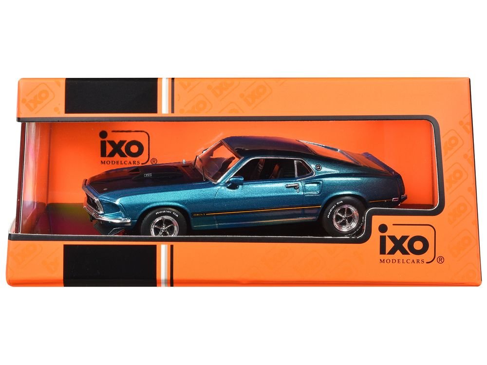 1969 Ford Mustang Mach 1 Blue Metallic with Matt Black Hood and Yellow Stripes 1/43 Diecast Model Car by IXO Models view 3